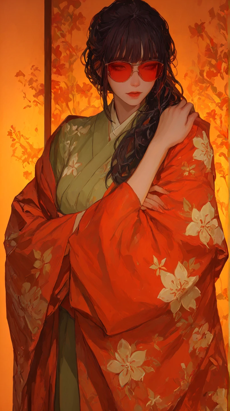 superflat, flat colors, 1girl, 19yo, slim, (medium breast), long dark hair, (ornate red leaves kimono), ???????, ??????, standing, shy, autumn leaves, yellow, golden, winter forest, vibrant colors, psychedelic, vibrant, bright, watercolor
