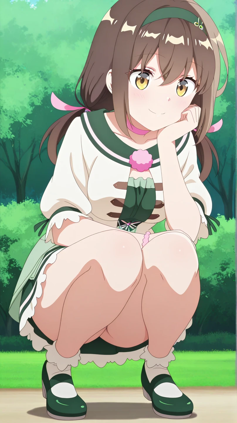 futaba,1girl,solo, brown hair, hairband, purple eyes, blush,looking at viewer, closed mouth, bangs, dress, green hairband,dress,twintails, white background, sitting, knees up, (futanari:1.7), (penis:1.35), (nipples:1.47), cute, (:1.6), (ejaculation:1.24)