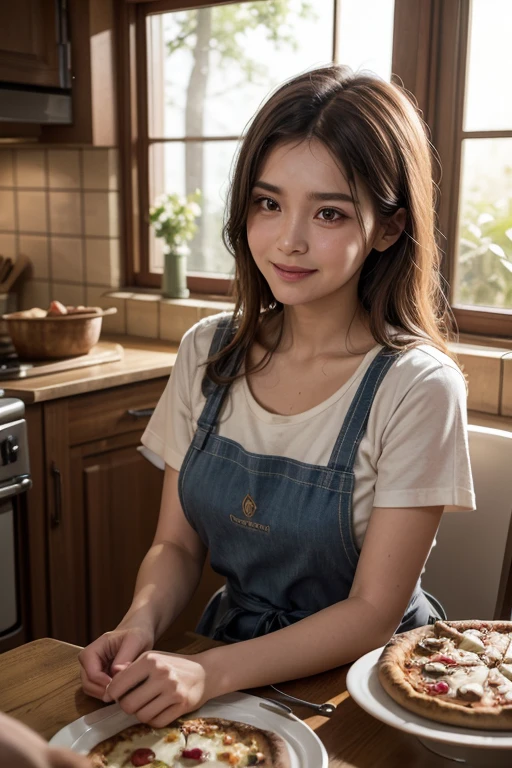 A 35 year old Jewish girl is baking in a cozy farm kitchen, surrounded by freshly baked croissants, bread, bagels, and sandwiches. The scene filled with the aroma of freshly baked goods. The girl has beautiful detailed eyes and lips, and she is wearing a chef's hat and apron. The kitchen is well-lit with warm, natural light, creating a cozy ambience. The baked goods are displayed beautifully on a rustic wooden table, showcasing their deliciousness. The image quality is the best, with ultra-detailed rendering, realistic textures, and vibrant colors. The art style is a mix of food photography and concept artists' illustrations. The color palette includes warm tones, like golden browns and creamy whites, to enhance the appetizing nature of the baked goods. The whole scene exudes a sense of warmth, farm life , and culinary delight.