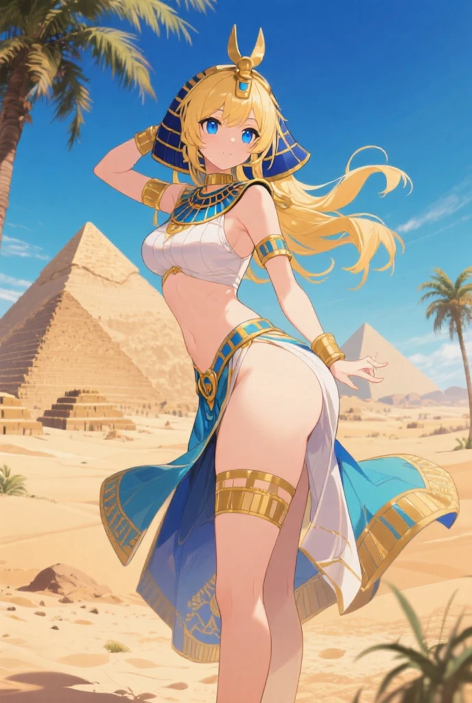 ((Masterpiece)), 8k wallpaper, kousaka honoka, blue eyes,skshonoka, beautiful urban female model,facial details,glowing eyes,detailed body part details,looking at viewer,(one hand on hip one hand on hair),thighs,navel, cleavage,(golden Egyptian dress),tiara,in Egyptian desert,sun and pyramid in background.