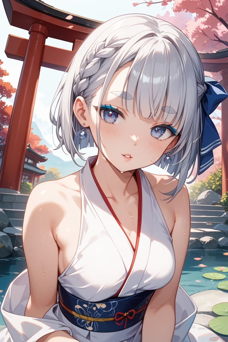 hight resolution, absurdres, best_Quality, Ultra_Detailled, 8K, extremely_clear, photo, beautiful, Beautiful face, Scharp Focus, HDR, 1girl, Clean eyes, very wide-eyed,old japanese town in the mountains in the background , Beautiful face, very red areola, standing , very seductive pose, very young, teen, no bra, bare chest,  , naked, No Top, NSFW, gray hair with ponytail, bare, no clothing, small tits