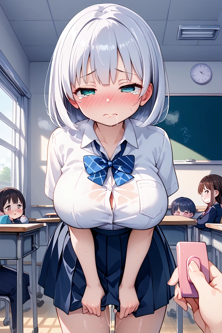 Highest quality、High resolution、Detailed Background、Artistic、mysterious、Beautiful face in every detail、age beauty、Huge breasts、Detailed facial expressions、Light-colored hair、ponytail、Bobcut、Perfect body line、Glasses、Navy blue sleeveless sailor suit、White sailor collar、Navy blue pleated skirt、White Stockings、A big smile、laughing、A fun atmosphere、
(Bottom view of two litttting at a desk in a classroom:1.5)、Emphasize cleavage、Show your side、cute