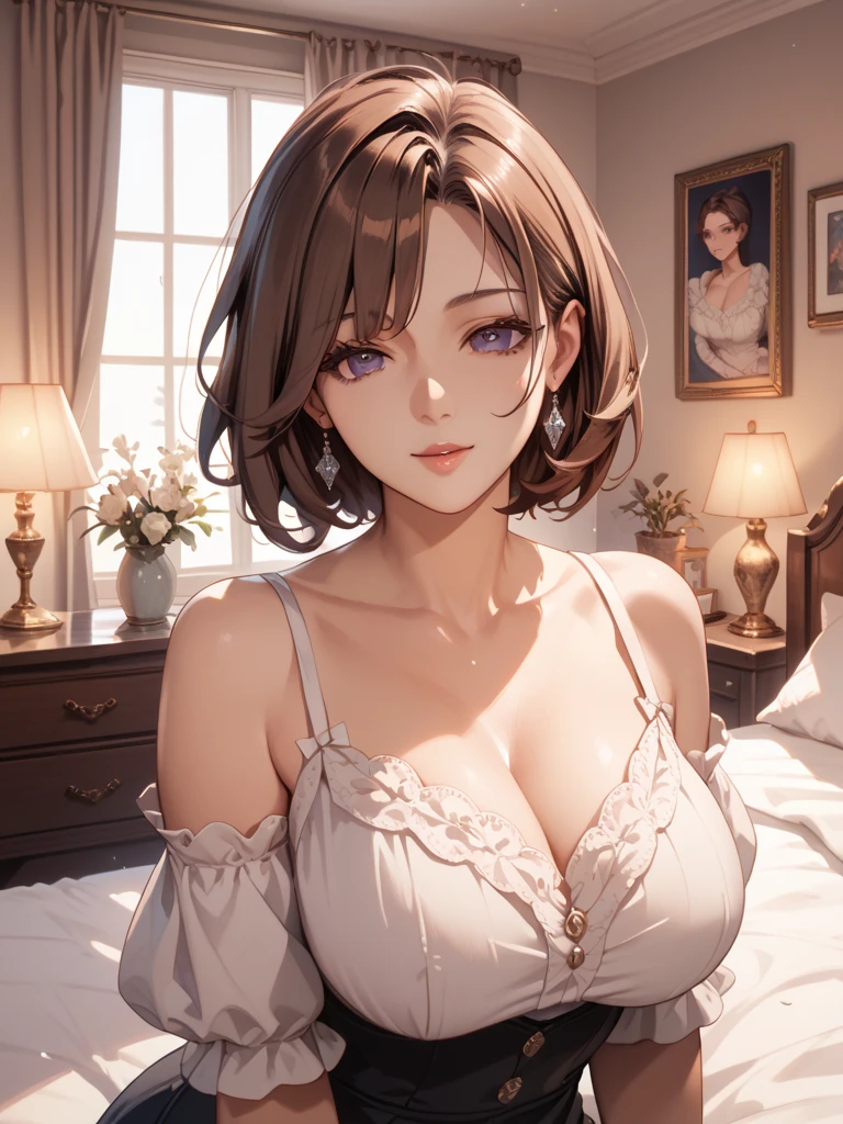 Beautiful woman in a wedding dress brown hair bob