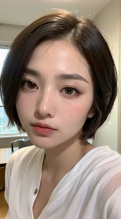 extremely high quality,hyper realistic,black bob hair,cute face,thick eyebrow,office lady,yellow bra,in the office,cleavage,(((closeup face)))