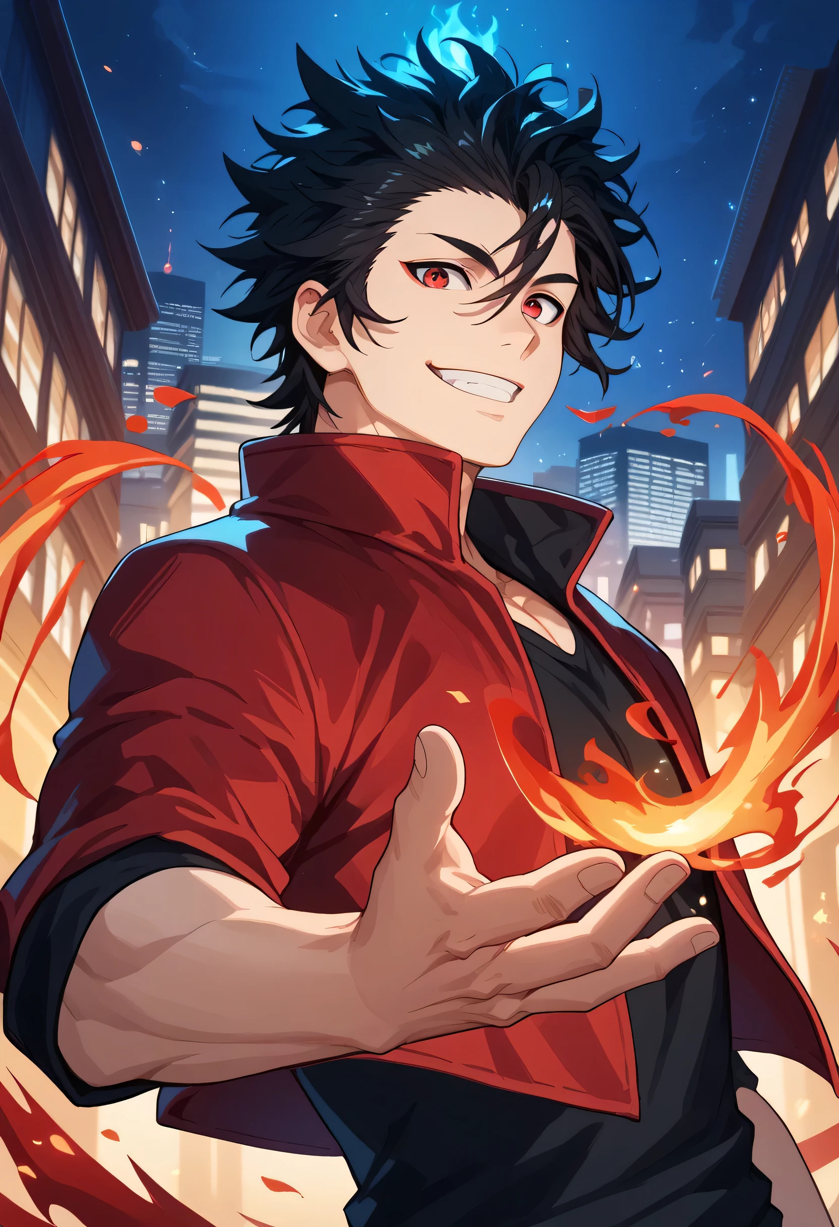 black hair, man, red eyes, white skin, strong, strong physique, black shirt, focus on character, city in background, night, smiling, cheerful, messy hair, looking at viewer, anime style, young, athletic, wizard, Gojou satoru, Magic, Red magic, red Magic, dragon, Magic dragon, dragon Magic, Dragon Monster, Dragon, Red dragon, Fire, side view, red jacket