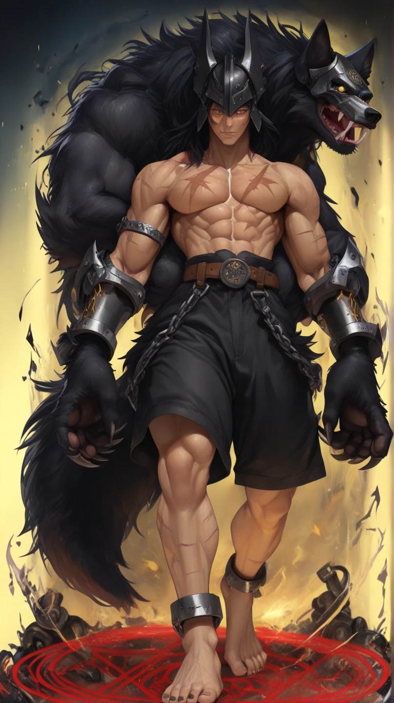 (masterpiece),(highres),(intricate details:1.4),extremely detailed,(illustration:1.2),8k,photorealistic,exquisite,,aged,elder male wolf,muscular,(general:1.7),black fur,manhood,warrior,(black fur:1.3),long hair,long beard,(numerous scars:1.2),(badly damaged:1.7),(bulging crotch:1.8),(homosexual),(a serene face:1.9),(bathing:1.6)