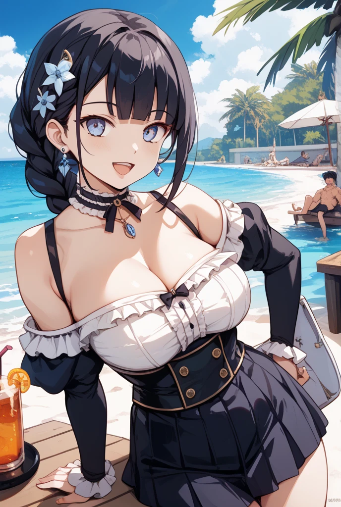 masterpiece, best quality, absurdres , perfect anatomy ,wang yujia, smiling , (((busty))), ,1girl, large breasts , sensual body, Her cheeks flushed, black hair, swimsuit