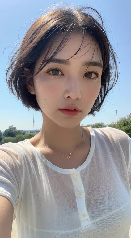 4k realistic, 25 years old, boy, grass, nature, messy hair, short hair, (selfie:1.4).