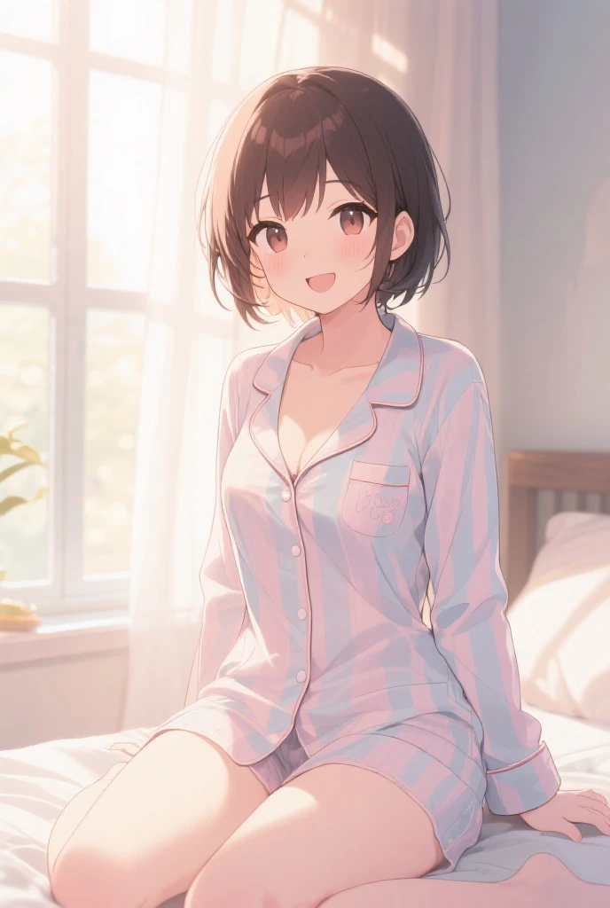 CG, Unity, 8k, wallpaper, highest quality, masterpiece, haruka amami, (smile: 1.1), Sit on the bed, pajamas, Shorts, barefoot, Sexy Legs, Best lighting, Complex pupil, Complex weaving, Detailed Background, In the room, There is a large window behind her, Garden behind the window, morning, Bright room, Refreshing atmosphere