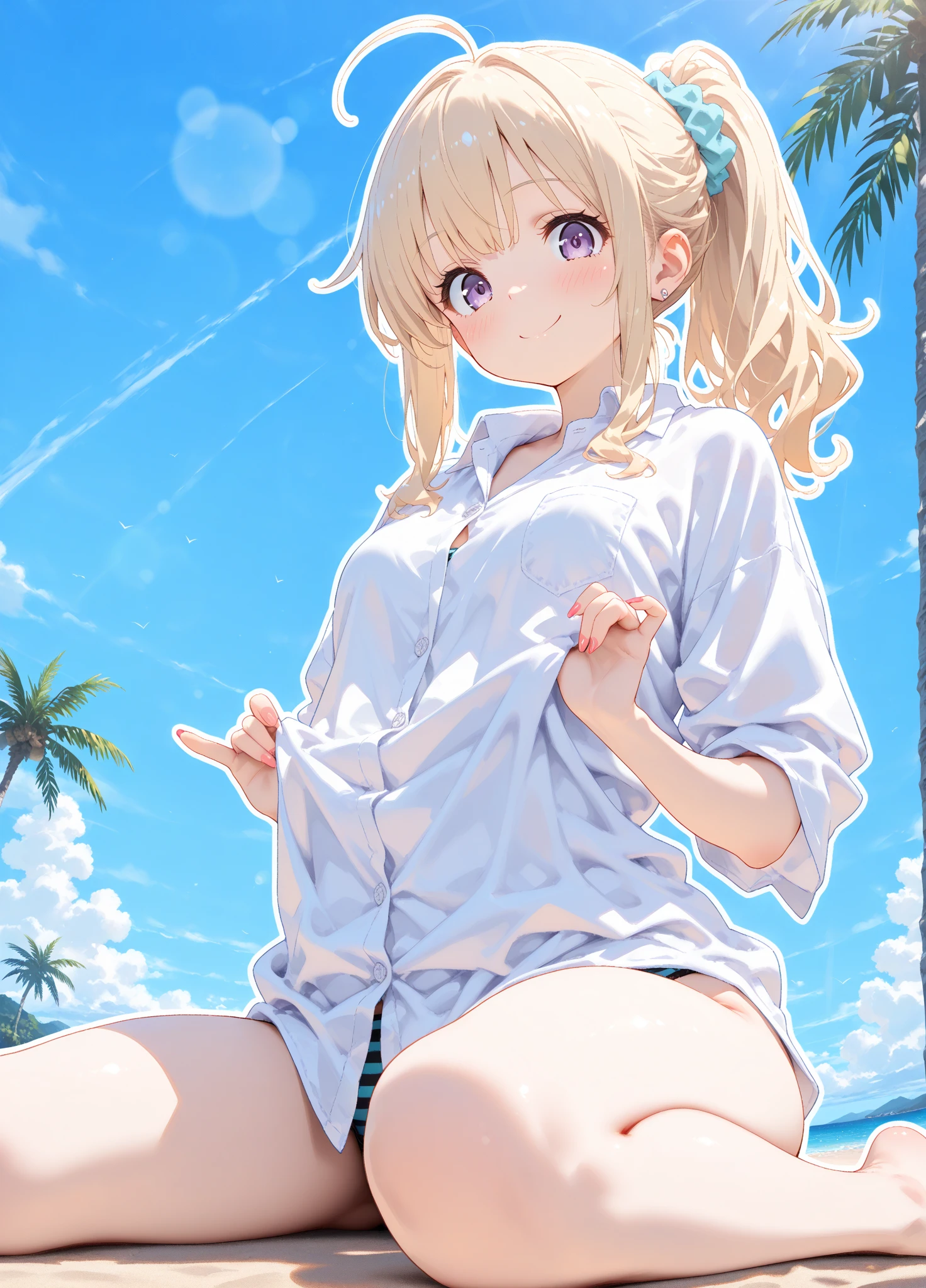 (8K、Highest quality、Highest quality、masterpiece)、Detailed face、One Girl、(Brown Skin:1.2)、Long Hair、Blue Right Eye、Yellow Left Eye、Heterochromia、Grin、(Bikini top Only、BikiniTop、Bikini Top、Denim hot shorts、Open Shorts、Unziped shorts、Mini Shorts、No Panties、NoPanties、Sexy pose、Suggestive pose、Spread pussy under shorts、frontal wedgie、wedgie、Spread vagina under shorts)、labia view、Beach、cloud、vagina、Spread Vagina、spread pussy、Big Breasts、