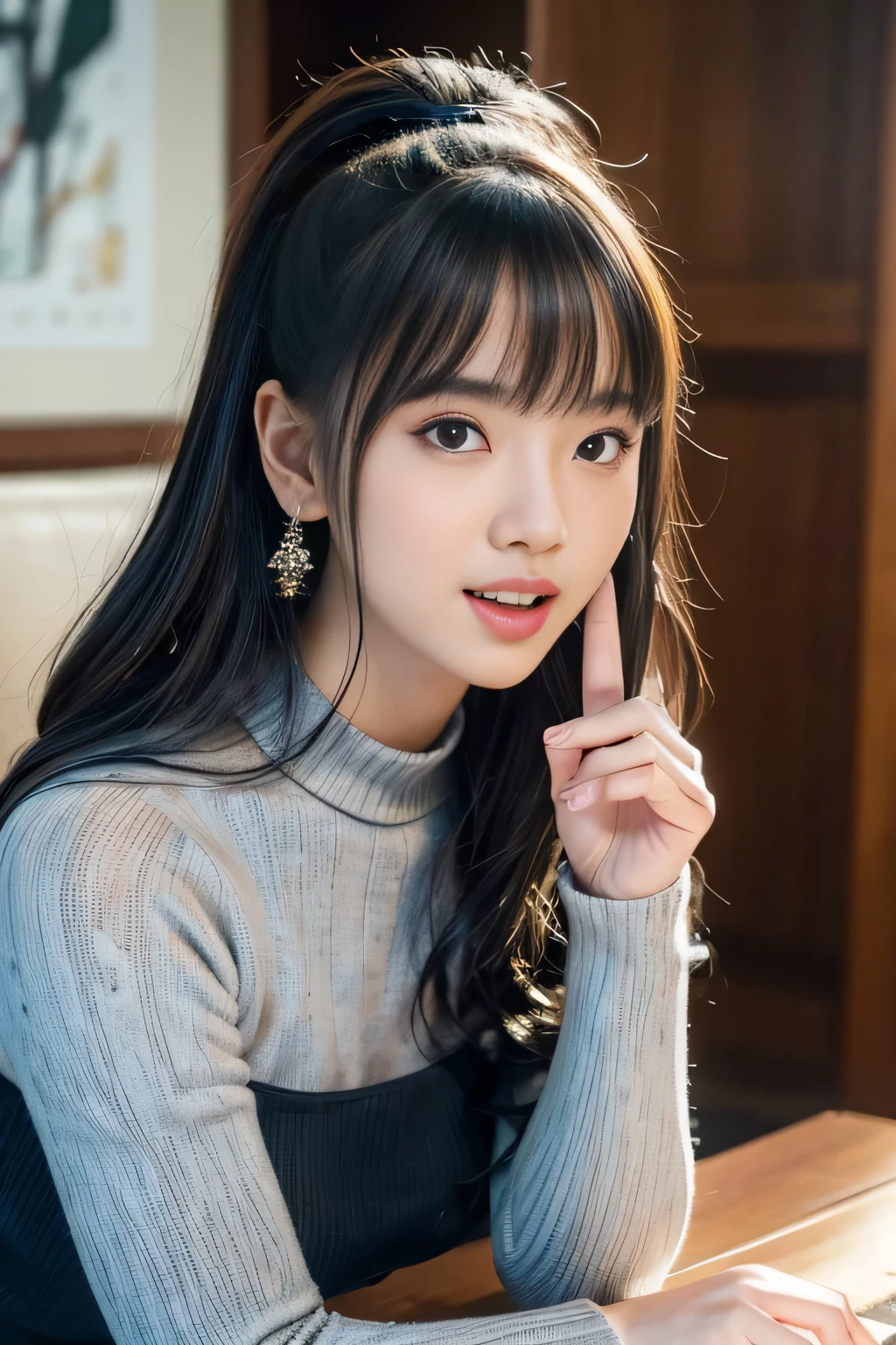 masterpiece, 1girl, Amazing Cleavage:1.3, thin waist, big ass, Raised sexy, small breast:1.0,posed cleavage:1.2,solo, looking at viewer, open mouth, have a cup of coffee,black hair, red eyes, dress, bare shoulders, jewelry, collarbone, sidelocks, hairband, earrings, indoors, off shoulder, :o, sweater, arms behind back, plant, short hair with long locks, white hairband, off-shoulder dress, sweater dress, off-shoulder sweater, red sweater, big side hair, very long side hair,is rendered in (masterpiece: 1.2, best quality), wit? (ultra high resolution) and an exquisite (depth of field). This masterpiece is not only visually stunning but also tells, make of cooking some cakes ,in the kitchen
