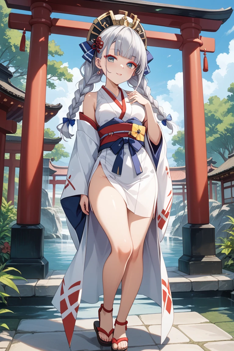 2d, ​masterpiece, best quality, Anime-Series, very detailed face, very detailed background, perfect lightning, 1 girl, alone, Yamato, orange eyes, Long hair, multi-colored hair, Aqua-Hair, white hair, two tone hair, high pony tail, horns, multicolored horns, Hair decoration, bare shoulders, big boobs, Viewers look at, Blush, smile, pony tail, Ahoge, Side curls, ear rings, japanese clothes, Sleeveless, Hose, bare arms, Toes, sandals, as well as , rope, oni, hoop ear rings, may, Grabs, curled horns, Shimenawa, red horns, Sleeveless kimono, as well as  Hose, Background to Japan, Japanese place, sakura trees, leaves fall, portrait,