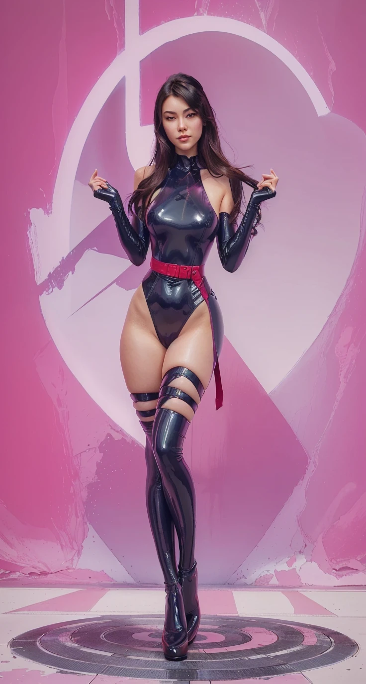 Mika, o personagem de Street Fighter, wearing her iconic classic look. she is standing. (She's dressed in a tight combat suit, corpo todo, cabelo liso preto e rosa, Black Micro Rope Bikini, Botas longas pretas e rosas : 1.2)Ciberpunk, highlighting your beautiful body and showing your physical strength.((corpo todo) ) vista frontal, His face is extremely beautiful, with delicate and expressive features. The image was captured in incredible 8K using the Canon EOS R6, vista frontal, resulting in maximum quality and sharp details, in corpo todo standing. Every aspect of the image is a true masterpiece, highlighting the dedication to detail and artistry behind this cinematic depiction of Mika