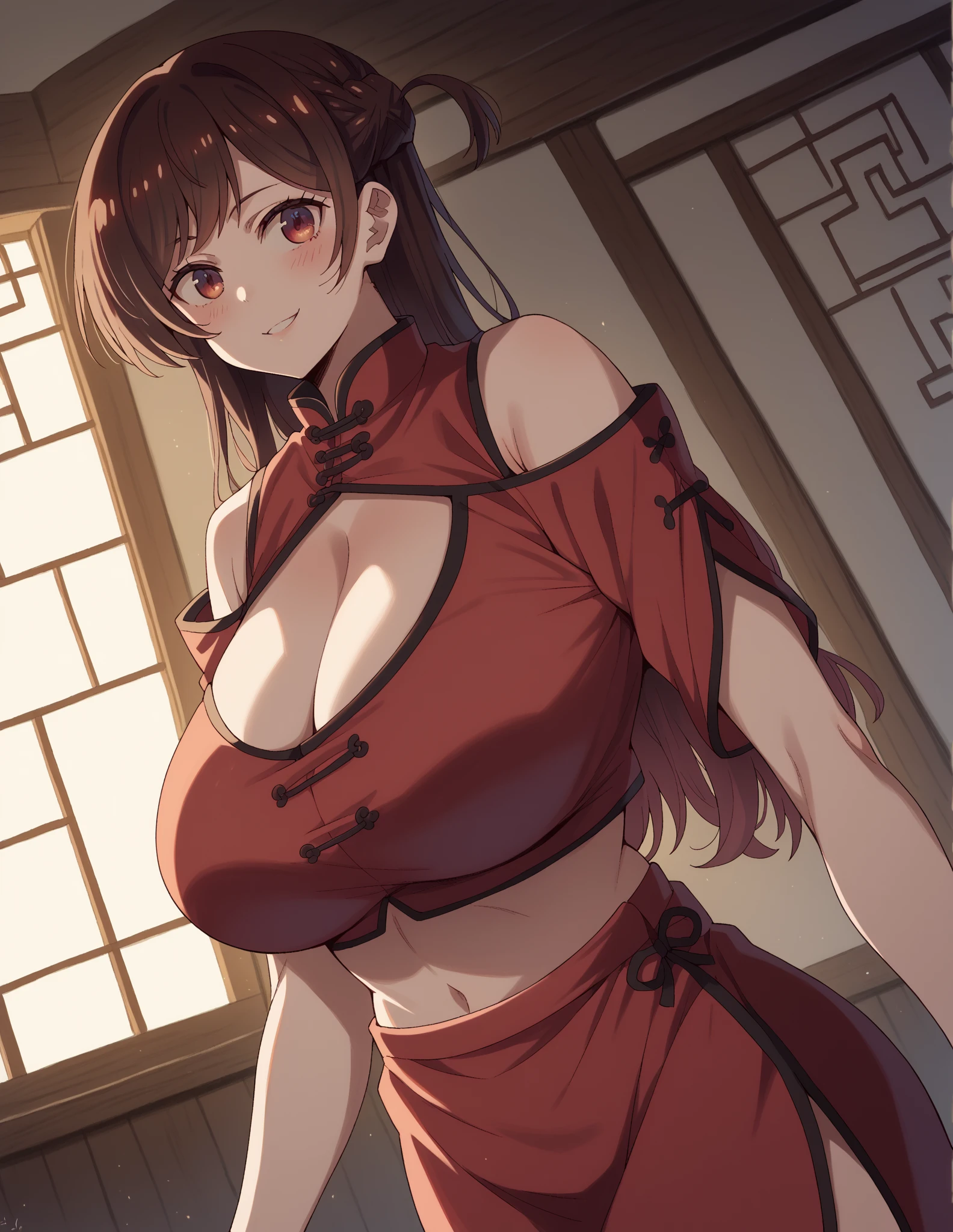 score_9, score_8_above, score_7_above, fountain_cheered up, Best Quality, clear face, us, Orange hair, orange eyes, by the wide, big breasts, perfect body, standing, looking at the viewer, shocked, chinese dress, Red clothes, dynamic angle, interior, wet clothes,blush,ashamed,see though the clothes,big tits,hands on the boob, view from below,bend,torn clothes
