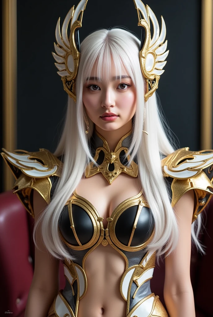 Ultra HD、Ultra-clear、Beautiful Face、Unicorn Warrior、Covered entirely in golden armor、Holy knight in golden armor、Golden armor with ornate carvings covering the entire body、Heavy golden armor、crystal clear green eyes、Silver Hair、Big Tits、Outer space background、