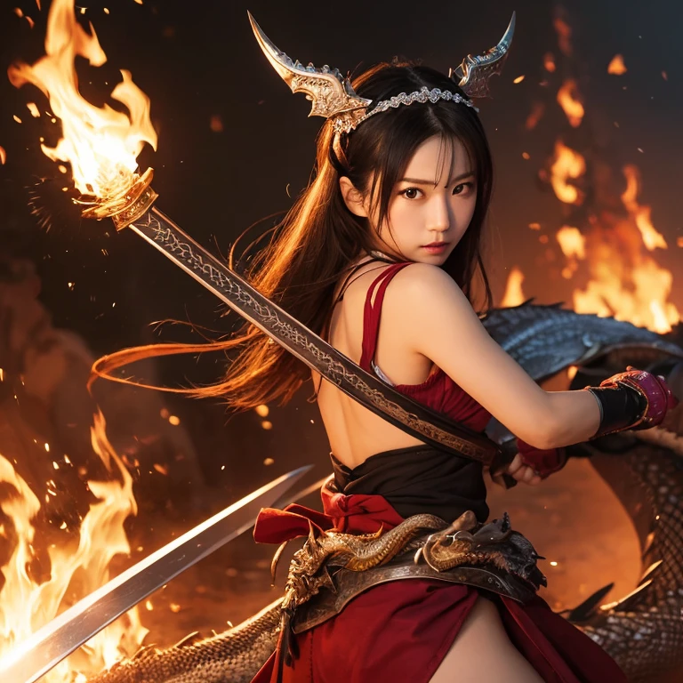 Create an ultra-realistic and intense depiction of a female Shuten-Doji, the infamous demon leader from Japanese folklore, in the midst of battle. **Overall Appearance**: - **Height**: She stands at an imposing height, far taller than an average human, with a muscular yet elegant and powerful build that exudes strength and dominance. **Facial Features**: - **Skin**: Her skin is a vivid red, occasionally depicted in blue or black, adding to her fearsome and otherworldly appearance. - **Eyes**: Her face features large, piercing eyes that glow a malevolent red, full of rage and insanity. - **Horns**: Protruding from her forehead are large, menacing horns, symbolizing her demonic nature. - **Mouth**: Her mouth is wide, filled with sharp, jagged teeth, often smeared with blood. - **Hair**: Long, wild black hair flows down her back, whipping around as if alive. **Attire**: - **Clothing**: She wears a tiger-striped loincloth or a battle dress, emphasizing her ferocity, and pieces of ancient, battered samurai armor, showcasing her warrior heritage. - **Accessories**: She is adorned with heavy chains and metal accessories around her neck and wrists, symbolizing her immense power and status. **Weapons and Items**: - **Iron Club**: In one hand, she wields a massive iron club, a symbol of her brute strength and dominance. - **Sake Jar**: In the other hand, she holds a large sake jar or cup, as she is known for her love of drinking. **Battle Scene**: - **Setting**: The battle takes place on the slopes of Mount Oe, amidst a chaotic and fiery backdrop. The ground is littered with debris and the remains of defeated foes. - **Pose**: Shuten-Doji is in an aggressive stance, swinging her iron club with fierce determination, her face contorted in a terrifying snarl. Her sake jar is discarded nearby, as she focuses entirely on the fight. - **Surroundings**: Flames and smoke fill the air, and the distant silhouettes of other demons and warriors can be seen clashing in the background. The