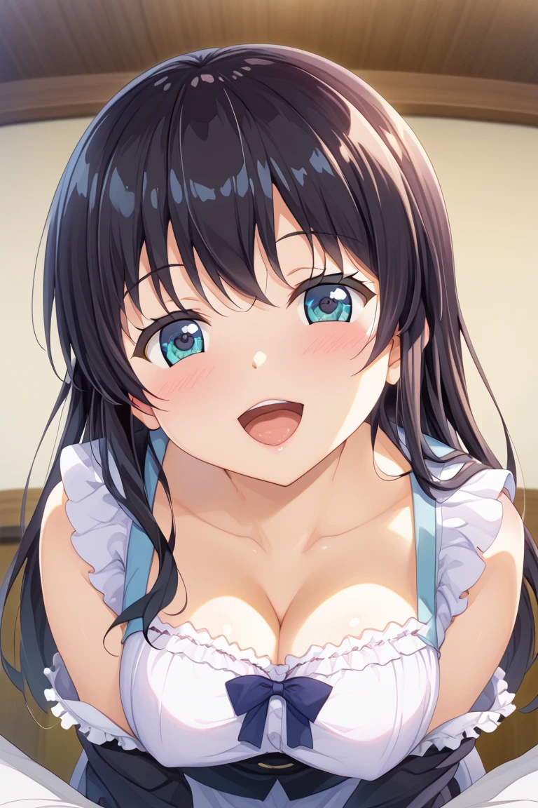 (highest quality), (masterpiece), 1080p, hd, 4k, 8K, claw pose, ((cat costume)), cat pose, panties, composition directly above, breast squeeze, open mouth, saliva, fang tooth, breast, high angle, long black hair, whole body, 18-year-old, milk
