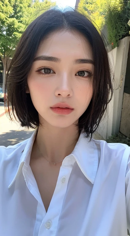 ((Best quality, 8k, Masterpiece :1.3)), Sharp focus:1.2, Perfect Body Beauty:1.4, Slim Abs:1.2, ((Short Layered Hair:1.2)), (White T-shirt:1.3), (Mall:1.2), Highly detailed face and skin texture, Fine eyes, Double eyelids, mischievous expression,