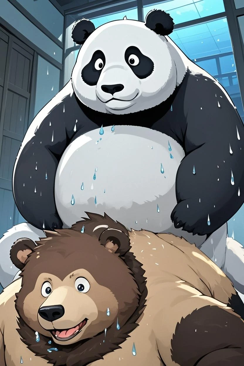 Duo, Anthro, male (((tall, bear, polar bear, muscular, broad shoulders, huge pecs, looking dominant, biceps, white fur, white body, white legs, white hands, white thighs, white fur, all white body, abs, triceps, red pupils, long snout, underwear, hand around waist, pinning against surface, all white body, holding upper arm, dominant male))) hallway, locker room, standing, detailed arms, detailed head, dormitory, against surface, against wall, panda bear is being pinned, from front position, 5 fingers, size difference, looking at partner, facing partner, panther is pinning panda bear to locker (((short, panda bear, thin, muscular, blue pupils, big pecs, white body, white legs, white arms, white head, black ears, black spots on legs, floppy ears, folded ears, black ears, long snout, shy expression, white fur, blue eyes, submissive male, tail, underwear, being pinned to wall))) full body, accurate arms, accurate anatomy, perfect anatomy, panda bear is submissive male ((focus panda bear white and black fur, focus pinning to wall, focus pinning against surface)) accurate arm anatomy, by darkgem, by mystikfox61, by glitter trap boy, by chunnie.