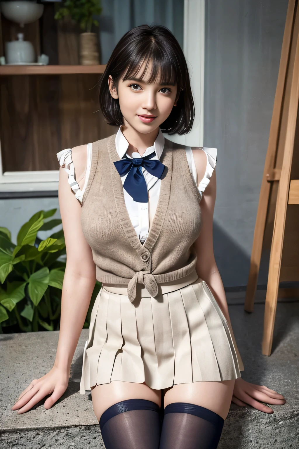 (masterpiece:1.2, highest quality), (realistic, photorealistic:1.4), beautiful illustrations, (natural side lighting, movie lighting), Depth of written boundary,
looking at the viewer, Front view, 1 girl, English, high school girl, 20 years old, perfect face, Cute symmetrical face, shiny skin, open legs,
(bob hair:1.7,blonde), asymmetrical bangs, Big eyes, droopy eyes, long eyelashes chest), thin,
beautiful hair, beautiful face, fine and beautiful eyes, beautiful clavicle, beautiful body, beautiful breasts, beautiful thighs, beautiful feet, beautiful fingers,
((fine fabric texture, brown knit vest, short sleeve white collar shirt, navy pleated skirt, Navy bow tie)),
(beautiful scenery), evening, (Inside the flower shop), Are standing, (smile, Upper grade, open your mouth), (((skirt lift, white sexy panties, genitals visible))), full body shot, dark blue socks, sexy face, inverted nipples,