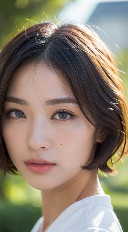 Create a highly detailed and close-up image of a young woman with a cybernetic appearance. She has an intricate, futuristic helmet and mechanical components integrated into her head and neck. Her skin shows a realistic texture with slight imperfections and freckles, giving her a lifelike appearance despite her robotic enhancements. The background is slightly blurred, focusing attention on her expressive eyes and the detailed machinery, creating a blend of human and technology in a visually stunning sci-fi scene.