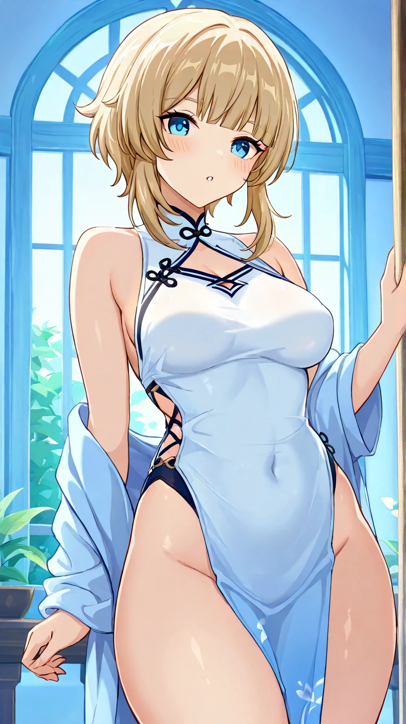 (masterpiece,highest quality,超A high resolution),Japanese women, (((Very beautiful 18 year old girl))), pretty girl、Look at the photographer、 ((Beautiful blonde bob hair)), Very cute face, Glossy Lips, Double eyelids on both eyes, blue eyes, Natural smile、 Natural Makeup, Long eyelashes, Shiny and smooth hair、Center image, Perfect limbs, Perfect Anatomy,(((Shiny Chinese Dress white panties))),Show panties、Bite、Streaks are visible、Wet with sweat,Cowboy Shot,Accentuate your butt、Big Ass、