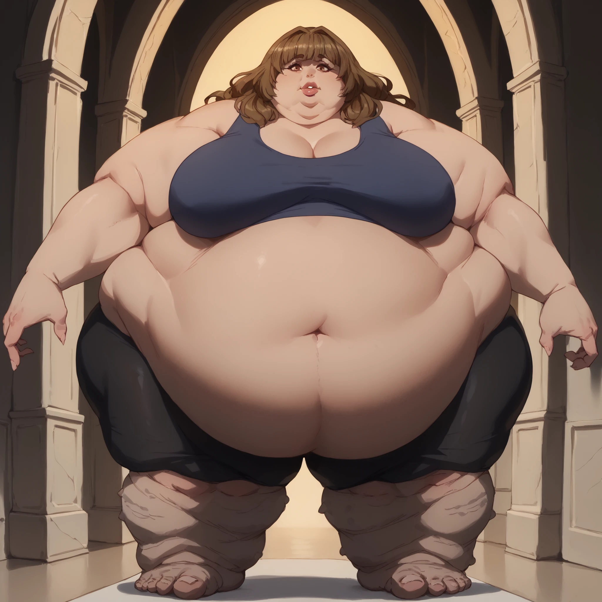 tsuya, 1girl, long hair, solo, brown hair, brown eyes, troll, monster, giant, size difference, giant hands, giant feet, fat, chubby, obese, gigantic arms and legs, gigantic breasts, sagging breasts, full body shot, fat face, chubby face, double chins, big lips, tank top, bike shorts 