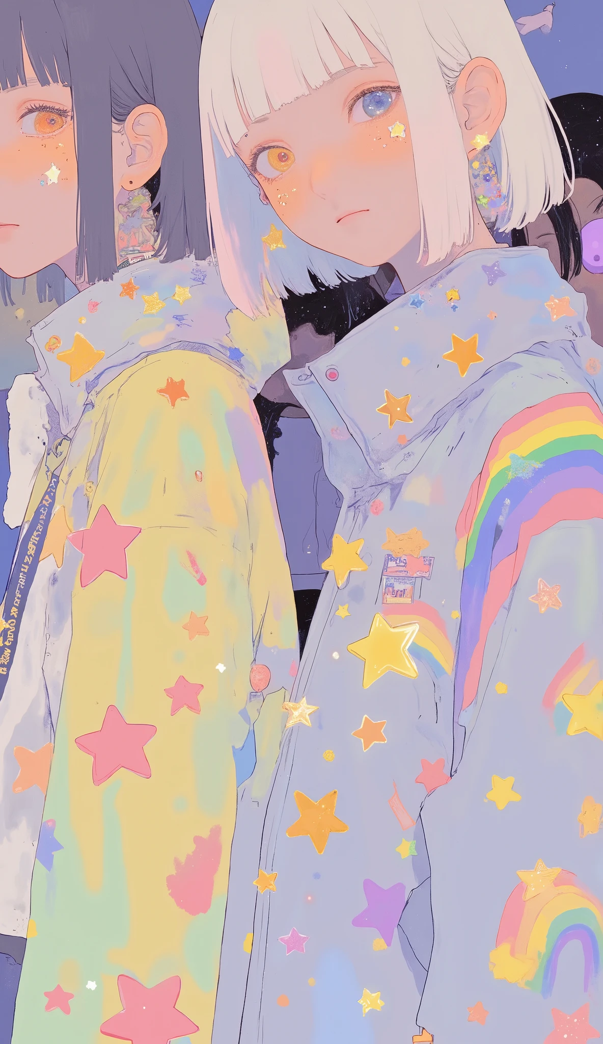 colorful illustrations depicting people wearing shiny silver jackets with rainbow and star motifs. jacket has a high collar、bright stripes and red stars, Yellow, green, green, pink. The image is、Using bright colors and whimsical design elements、conveys a playful and dynamic atmosphere。.