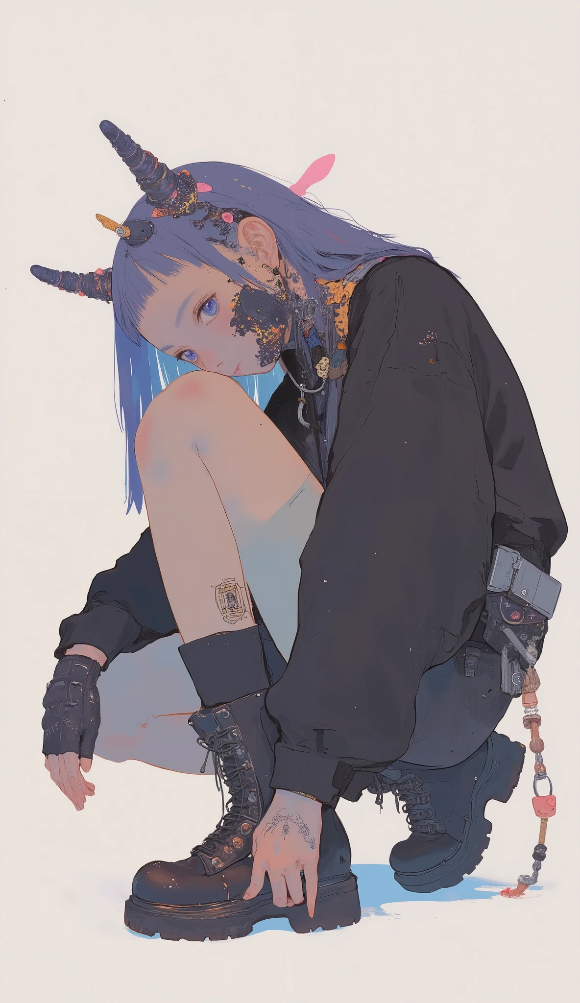 edgy clothes, Textured gloves, layered accessories, and chunky black boots with leopard print accents; Bend your knees、dynamic poses with hands on them, add a hipster vibe in a bright studio setting.