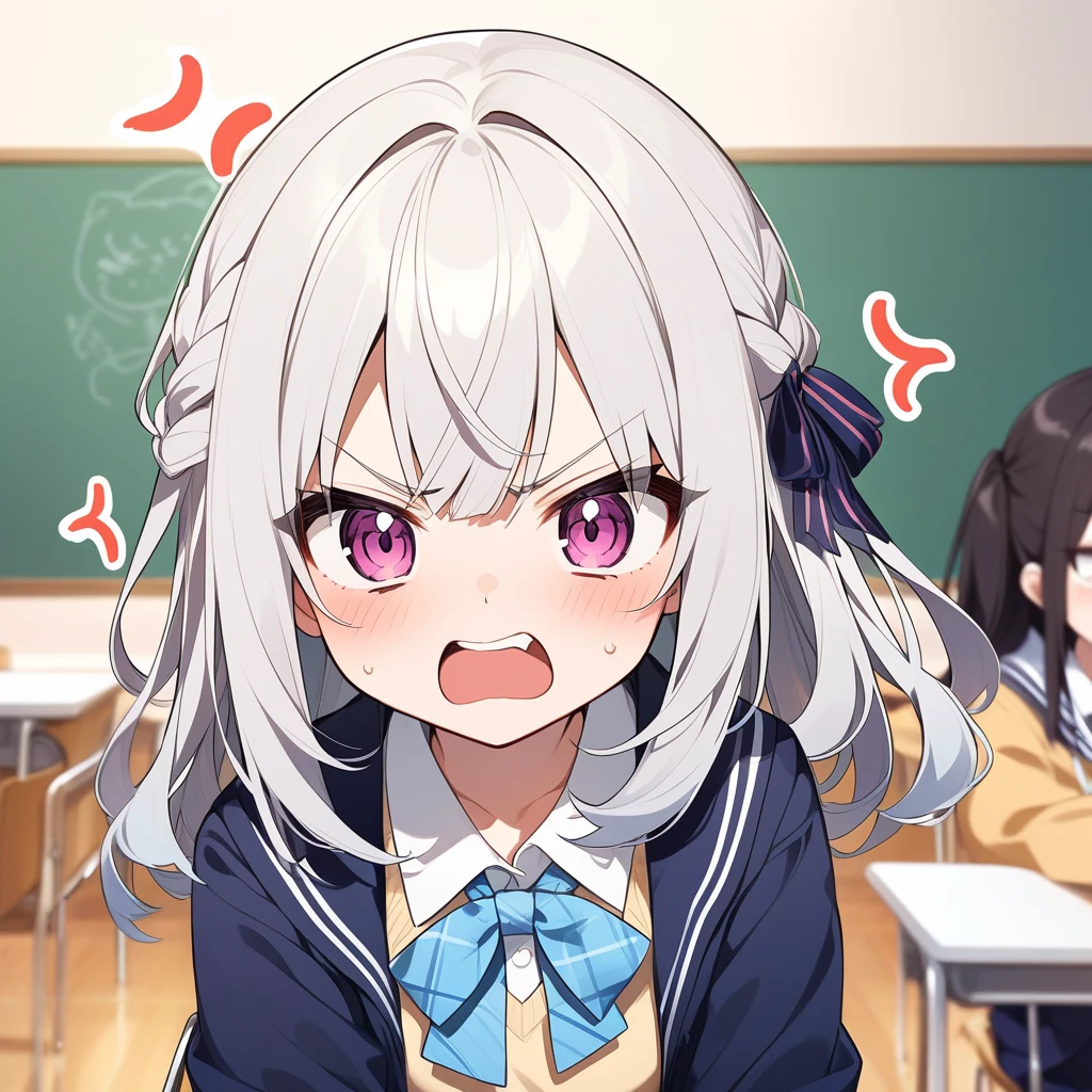 ((masterpiece,best quality)), high resolution, highly detailed, detailed background, perfect lighting,detailed beautiful eyes, 1girl,embarrassed,blush,steam, heavy breathing,look at viewer,saliva,naughty smile,(open mouth,oral,spread mouth:1.3),drivel,ahegao,face focus,(from above:1.2), (pov:1.4),(front view:1.2),drool stringing,be breathless,show mouth,sweat,fisheye lens,stick tongue out,fair skin,class room,show off small breast,silver hair,gray eyes,ponytale,short stature
,(school sailor uniform,cardigan:1.2)