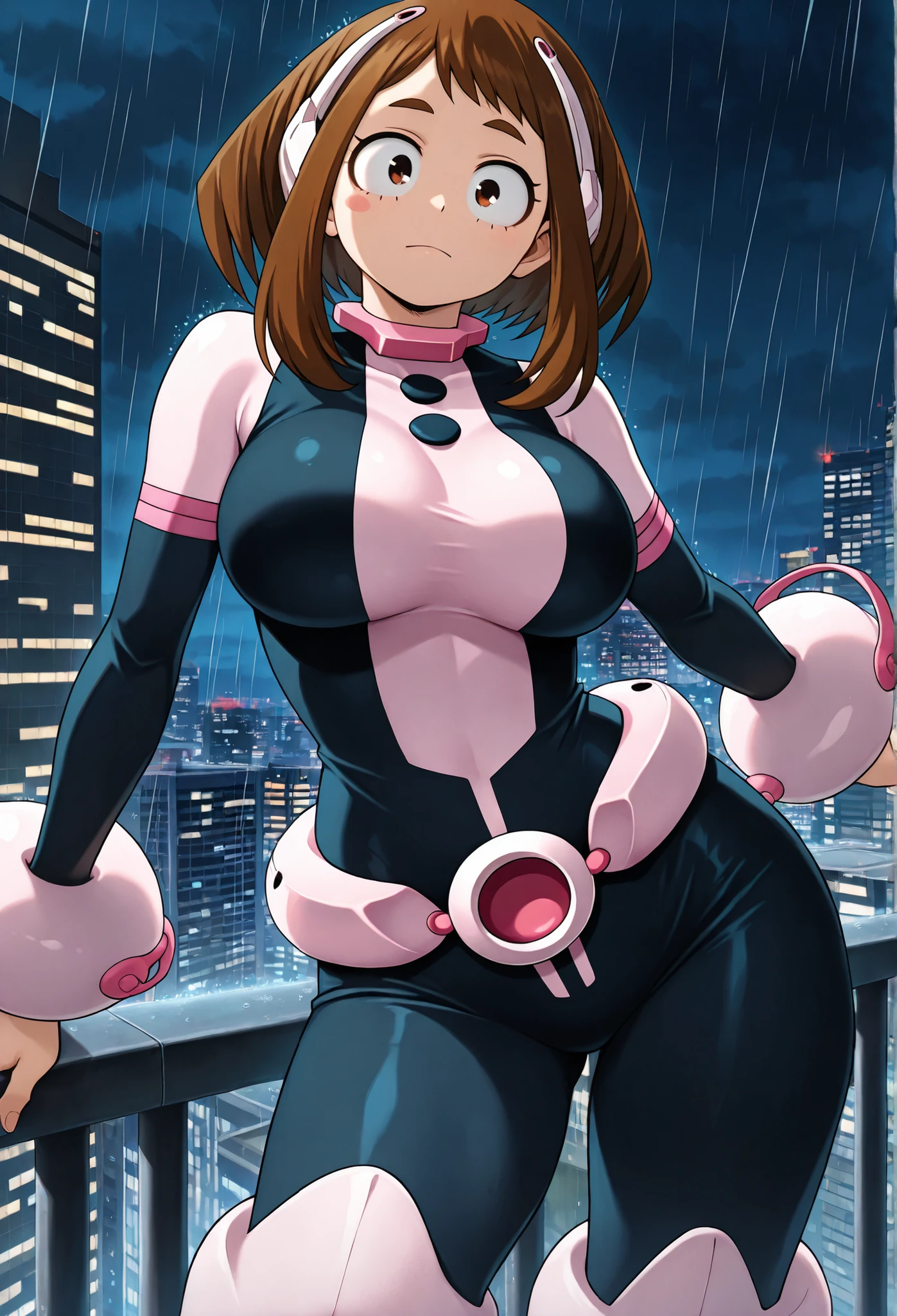official style, anime screencap, uraraka ochako, 1girl, brown hair, brown eyes, solo, superhero, hero bodysuit, pink wrist guards, closed mouth, contrapposto, extra large breasts, (F65), looking at viewer, Sexy style, Standing on the roof of a skyscraper, night, rain, The metropolis illuminated at night, In the background the city illuminated at night, Looks at the viewer lovingly, extends a helping hand to the viewer, leans on the railing of the skyscraper,