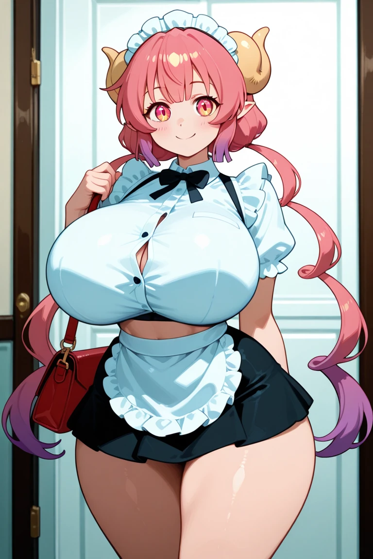 (from below:1.4),(closeup breasts:1.1),high resolution、high quality、masterpiece、anime,anime style,(fukawa_miku, green eyes, orange hair, long hair, ponytail, green bow, short sleeves, apron, waitress, pink skirt,,(gigantic breasts:1.5),half undress,sitting,open mouth,in door,sweat,steam,bedroom on bed,smile,undressing,spread legs,(aroused,anguish,blush:1.4),Breast Expansion