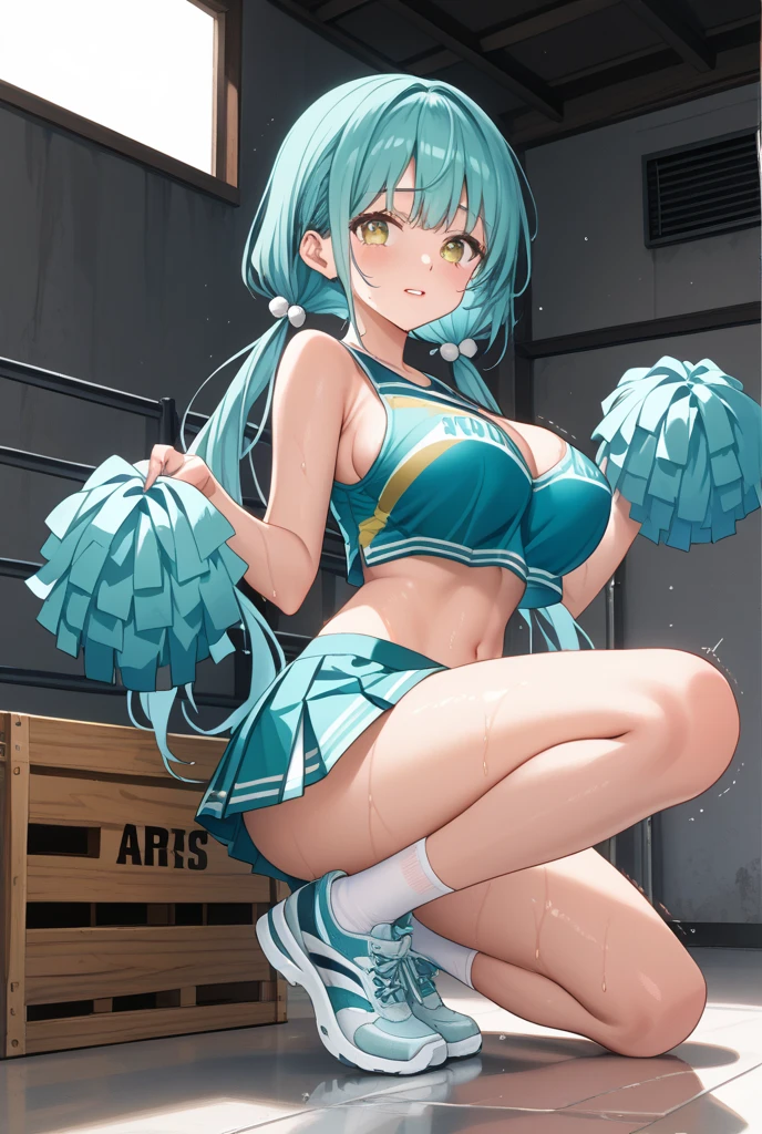 anime, masterpiece, cute girl, no panties, standing split, cheerleader costume, light blue hair, long hair, large breasts, detail, 4k, sexy, good pupil, 4k, detailed