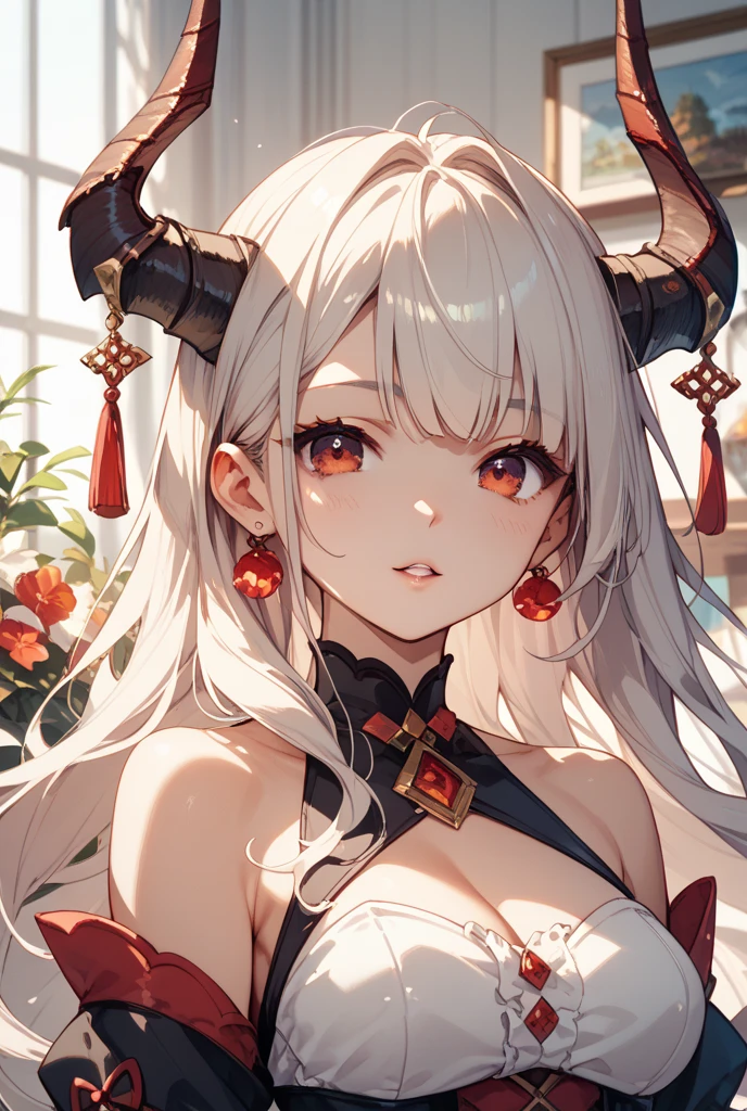 masterpiece, best quality, high_resolution, fine detail, very detailed and beautiful, distinct_image, 1 girl, solo, silver-haired, red eyes, dragon horns, (huge breasts), (kiss),(),curvy,sailor uniform ,garden landscape,blue sky,thighhigh,