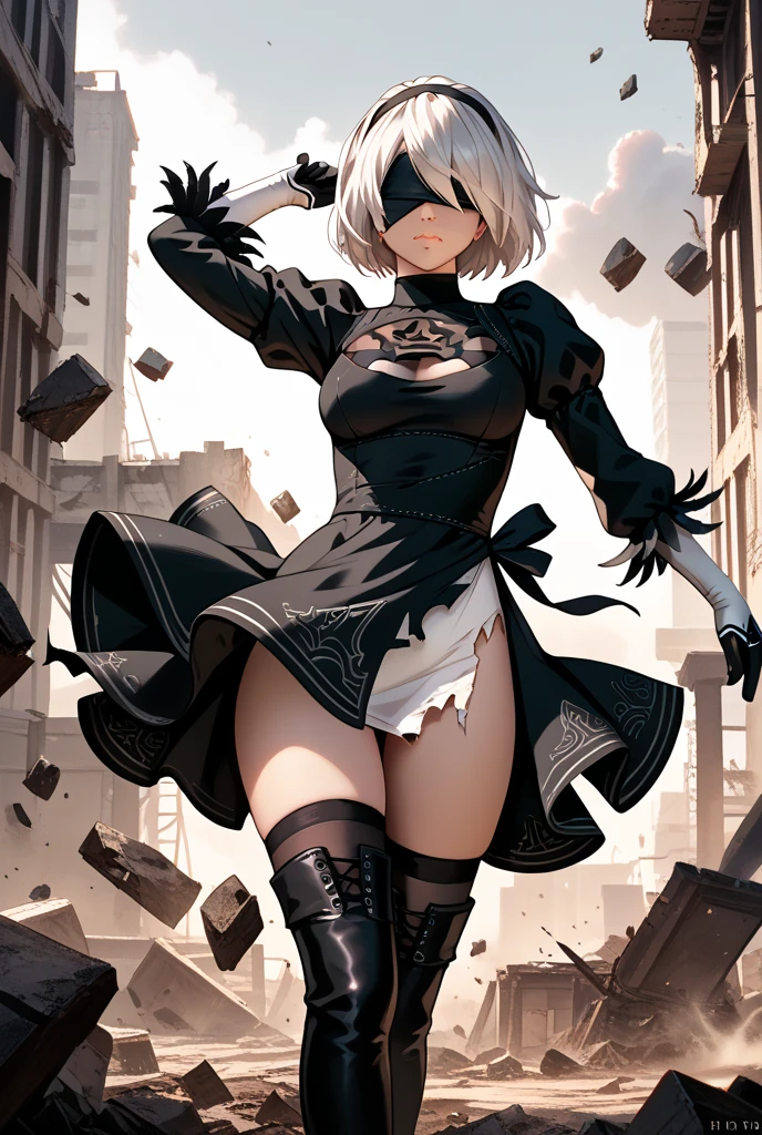 1girl,white hair,short hair,hm2b, black blindfold, covered eyes, mole under mouth, clothing cutout, long sleeves, puffy sleeves, juliet sleeves, feather trim, black thighhighs, black gloves, black dress, (black skirt),sit,sitting on grass,arms on knees,sunset,from side,masterpiece,extremely detailed CG unity 8k wallpaper, best quality,32k,focus sharp,