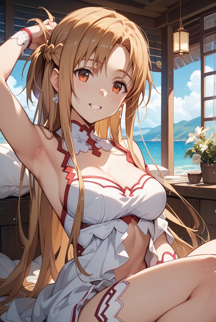 bikini、(Are sleeping:1.5)、Pulling legs、One girl,lease, sweating,blush,Cleavage,Wet body, Back to viewers,((From below)),teeth,sweating,vapor,((Side Squat)),teeth focus,((hands on teeth)),Five Fingers,Side waist,thigh,ふくらteethぎ