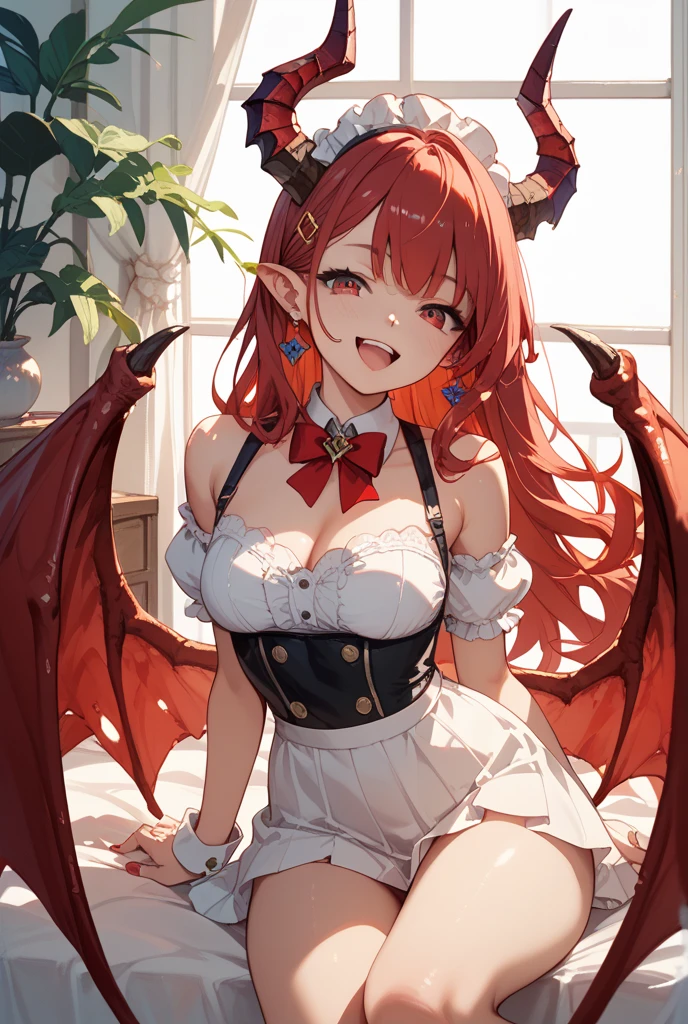 masterpiece, best quality, highres, kitagawa marin, 1girl, red hair, two side up, long hair, green eyes, pointy ears, demon horns, navel, demon tail, demon wings, long sleeves, frilled shirt collar, frilled panties, smile, cowboy shot, indoors, straight-on, arms at sides, large breasts,