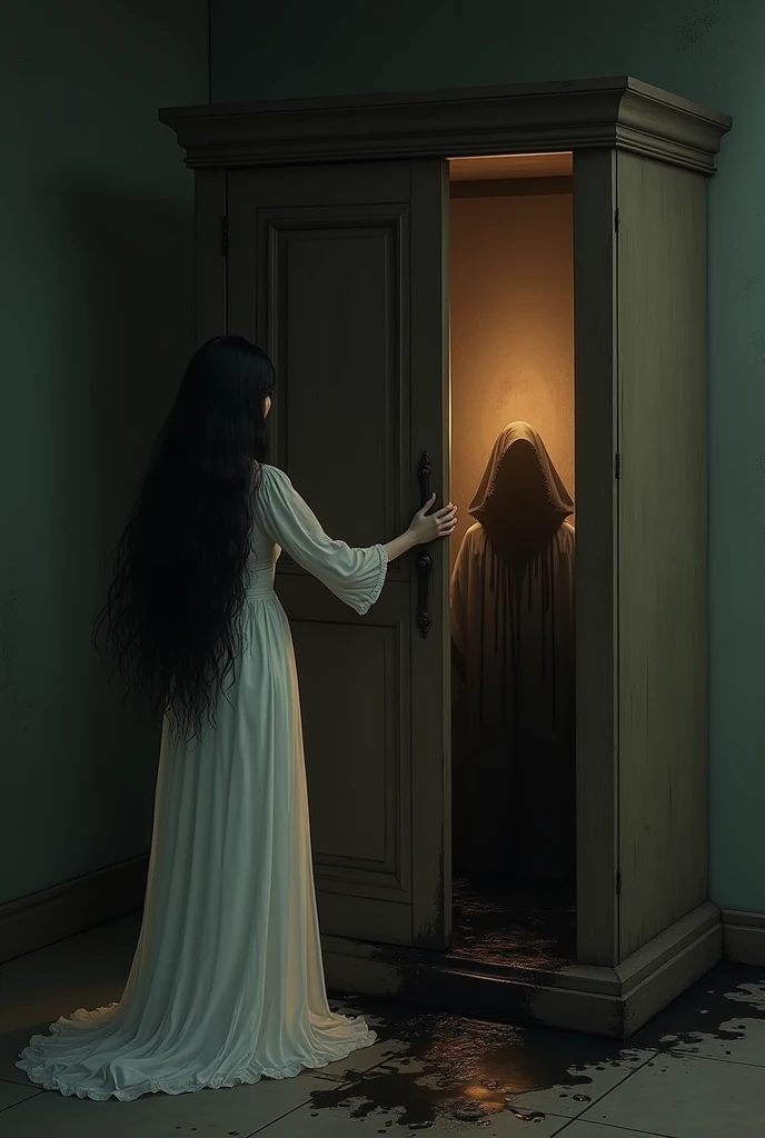 Here is a detailed description of a horror image:

A dark and dusty room, lit only by a dim bulb hanging from the ceiling, rocking slowly. The walls are peeling, with moisture stains and sinister cracks. In the center of the room, there is an old wooden chair, partially broken, with loose ropes hanging from his arms and legs, as if someone had been tied up there recently. In floor, there is a circle drawn with esoteric symbols, surrounded by melted candles that have already gone out, leaving only a trail of wax.

an old mirror, with the cracked frame, is leaning against the wall, reflecting a ghostly figure with empty eyes, that seems to peer out of the darkness. a shadowy figure, almost indistinguishable, hides in the corner of the room, shrouded in shadows, with skeletal fingers extended, ready to grab anything that moves. A sense of evil presence permeates the environment, as if something was watching, waiting for the right moment to attack.