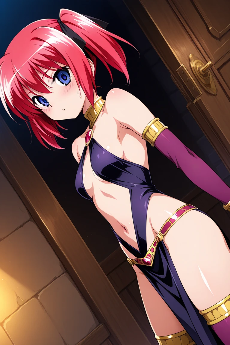 (masterpiece:1.1), best quality,
1girl, (80s anime style:1.3), (eyelashes:1.5), (:1.2),
(intricate high detailed body:1.2),
red hair, (short hair, twin messy bun:1.1),
green eyes, (lip stick:1.1),
slender body, large breasts,
(happy, smile:1.2), open mouth,
neckwear, (white lace leotard with sleeves:1.1),
(short frill skirt:1.1), see-through clothes, jewelry,
(cowboy shot, looking at viewer, from front:1.1),
(indoor, in royal palace background:1.2)
