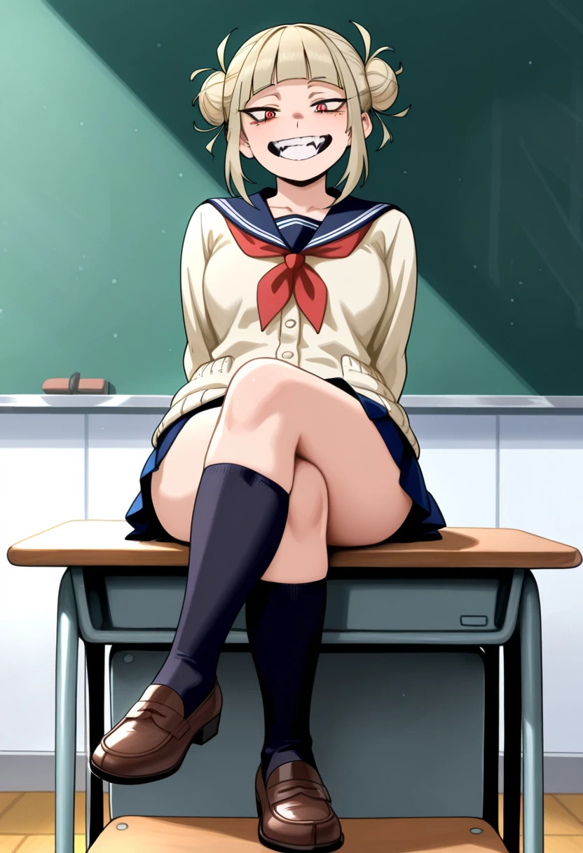 masterpiece,high quality,((Perfect human body)),Realistic Anime,One Girl,futanari,gal,Gal girl,Short wavy blonde twin tails,Green Eyes,A worn-out blazer, uniform,Big Breasts,low length,small,classroom,Sit at the table,loose socks,Smirking face,Cute Makeup,See-through micro panties,