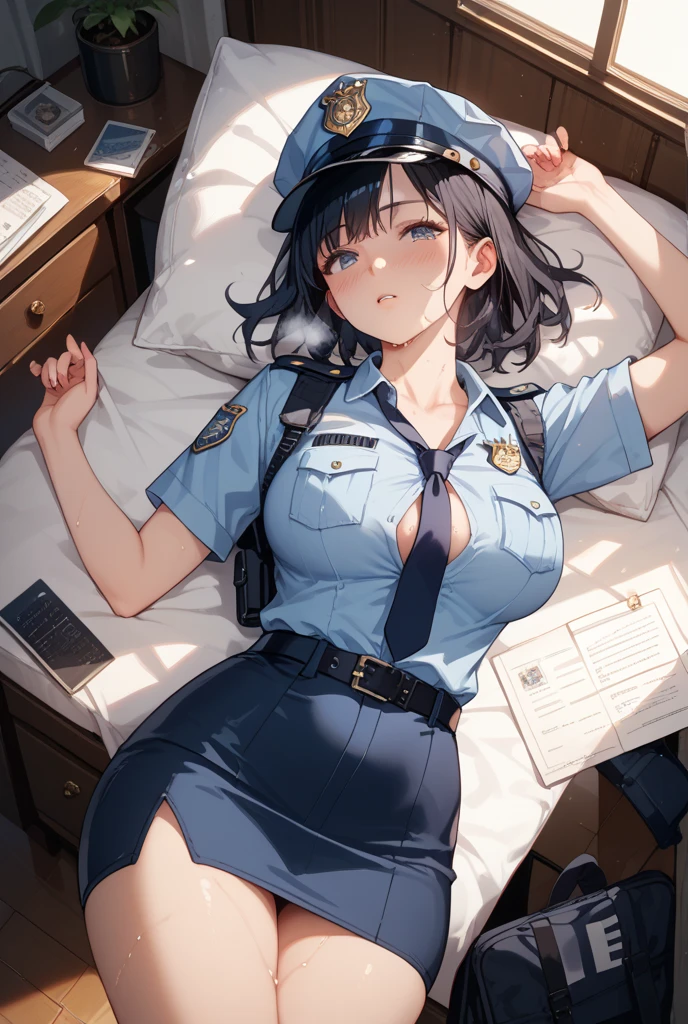policewoman:1.5、Blue hair short、blue eyes、Blue police uniform、indoor、Beautiful breasts、On the bed、sexy,Spread your legs、skirt、Exposed genitals、Cloudy liquid on the skin、 Obscene lines、erotic, 18+, Late s、thin waist and limbs、Low - Angle、(highest quality),(High resolution),(full intricate details),(Very high quality artwork),(Extremely detailed 8K CG),((Perfect piece) ), (((masterpiece))), Perfect Face、One Woman