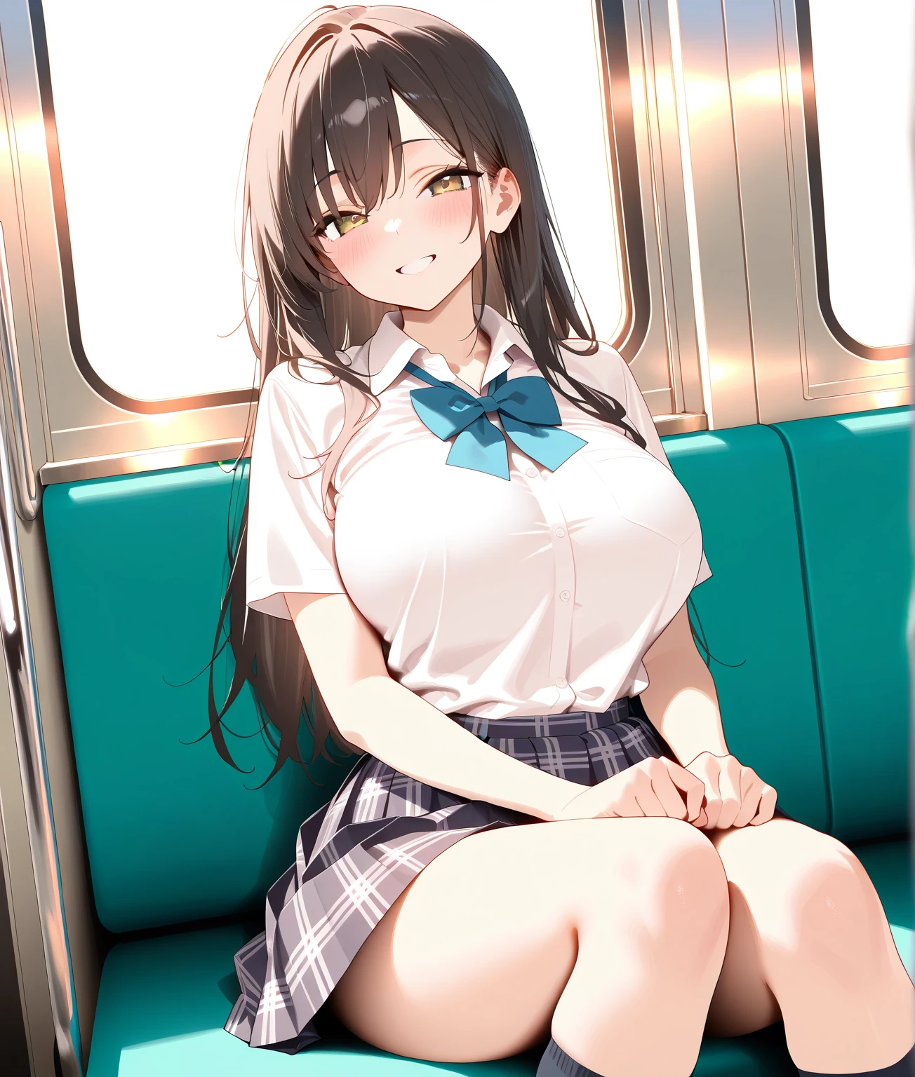 NSFW,4K,Gal:1.3,Anatomically correct,school uniform:1.3,A pure and innocent girl, Very cute face, Like an idol, (masterpiece:1.2), (high quality), panties, loose socks, Hip, Blue Skirt, alone, Blazer Type, loose socks, Lifting clothes, Brown eyes, pure gaze, mini skirt, Lift yourself up, Check skirt, blush,((Mid-chest)), (Sweating profusely), Long Hair, physical education, Beautiful legs, ((in the train))