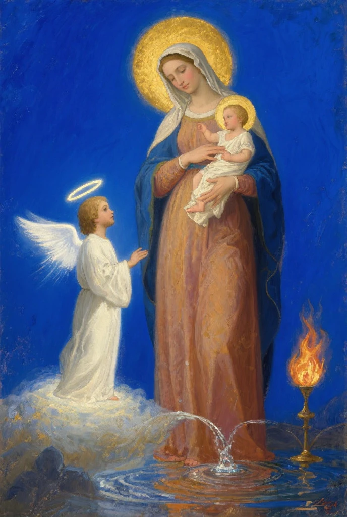 Mary, mother of baby Jesus, the sky illuminated by a star with many angels