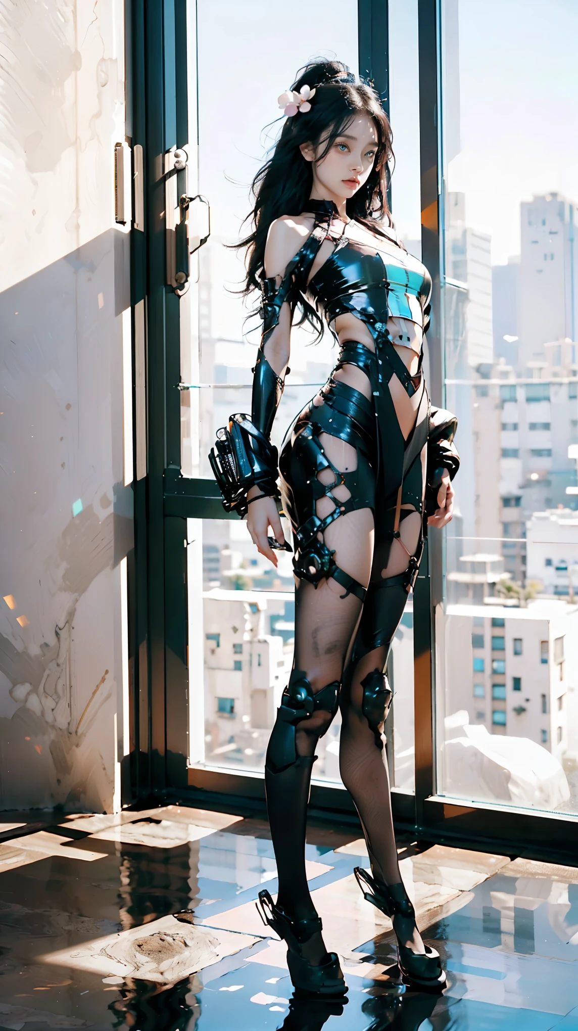 ponytail、beautiful face、legs open、(mechanical girl)、highest quality、masterpiece、high resolution、Torn Cybersuit、(Photoreal:1.4)、Raw photo、2 girls、glowing skin、(((mechanical girl)))、((Ultra realistic details))、portrait、global illumination、Shadow、rendering、8K、exposed raw skin、intricate decorative details、Japan details、very intricate details、realistic light、3dcg、Face facing the camera、