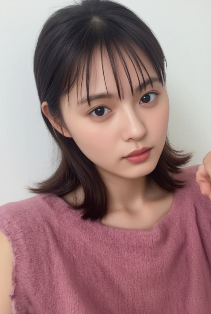 Gray background、pubic hair、Large Breasts、Thighs、Red lipstick、(((Glaring)))、Curly Hair、Disheveled Hair、Cute woman、high school girl、White shirt、Navy frill mile、Open chest shirt、A wet shirt with underwear showing through、Wet Hair、