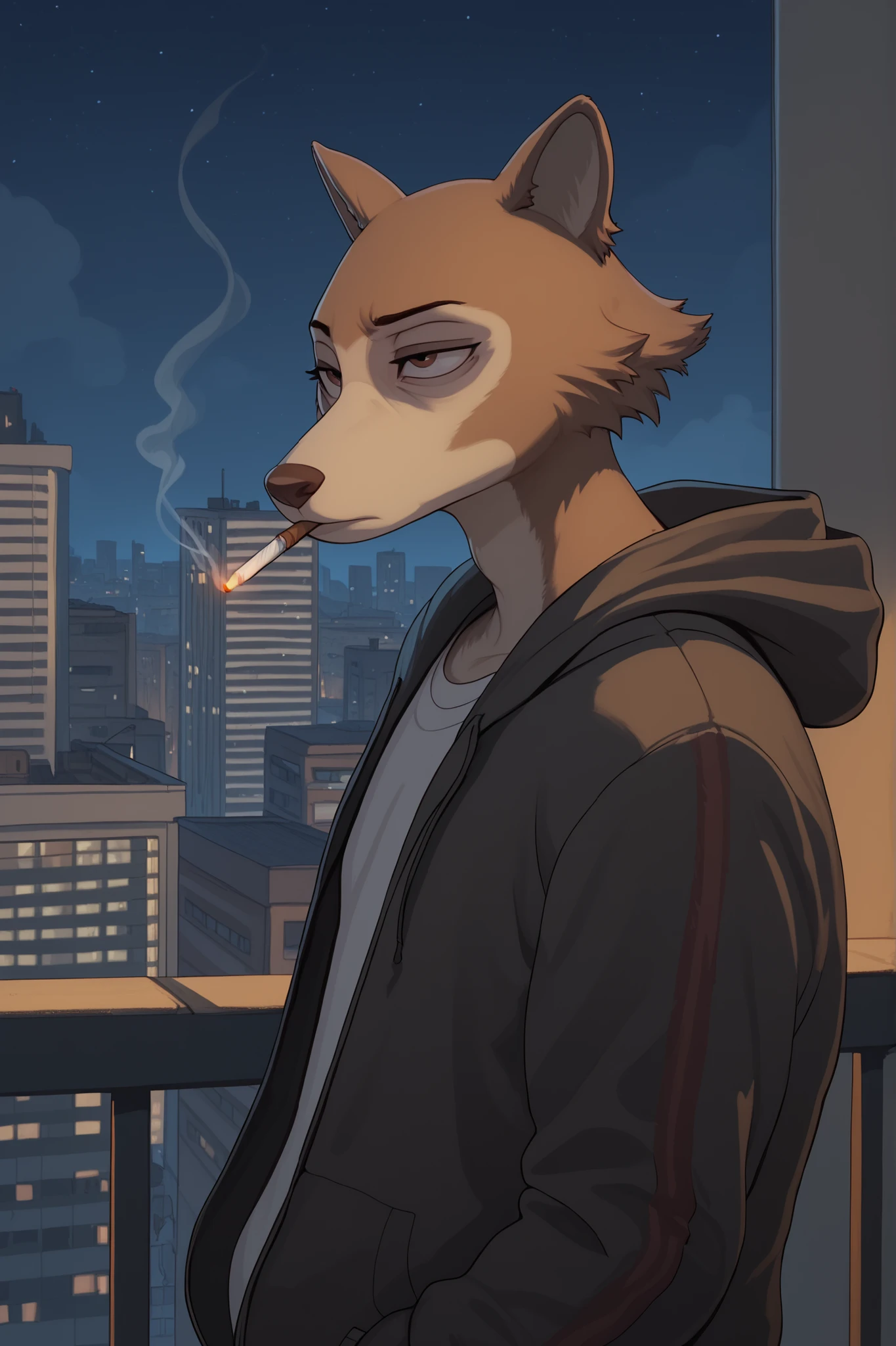 Balcony, Night, city, Anthropomorphic guy Wolf, brown fur, hooded jacket, smokes, cigarette, sadness,
