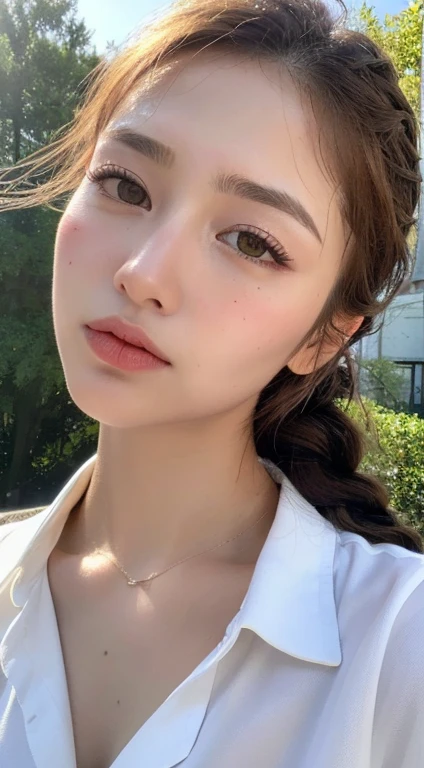 ((highest quality, 8K, masterpiece:1.3)), concentrated:1.2, perfect body beauty:1.4, buttocks:1.2, ((delicate hair)), (Brightly colored V-neck drop-shoulder sweater dress、 :1.1) , ((highest quality、8K、masterpiece:1.3))、1 girl、A sloppy smile、Full body Esbian、slim face、big 、Beautiful woman、(dark brown hair)、flickering valley、detailed eyes、double eyelid、blurred background、超slim face、look down、garden、