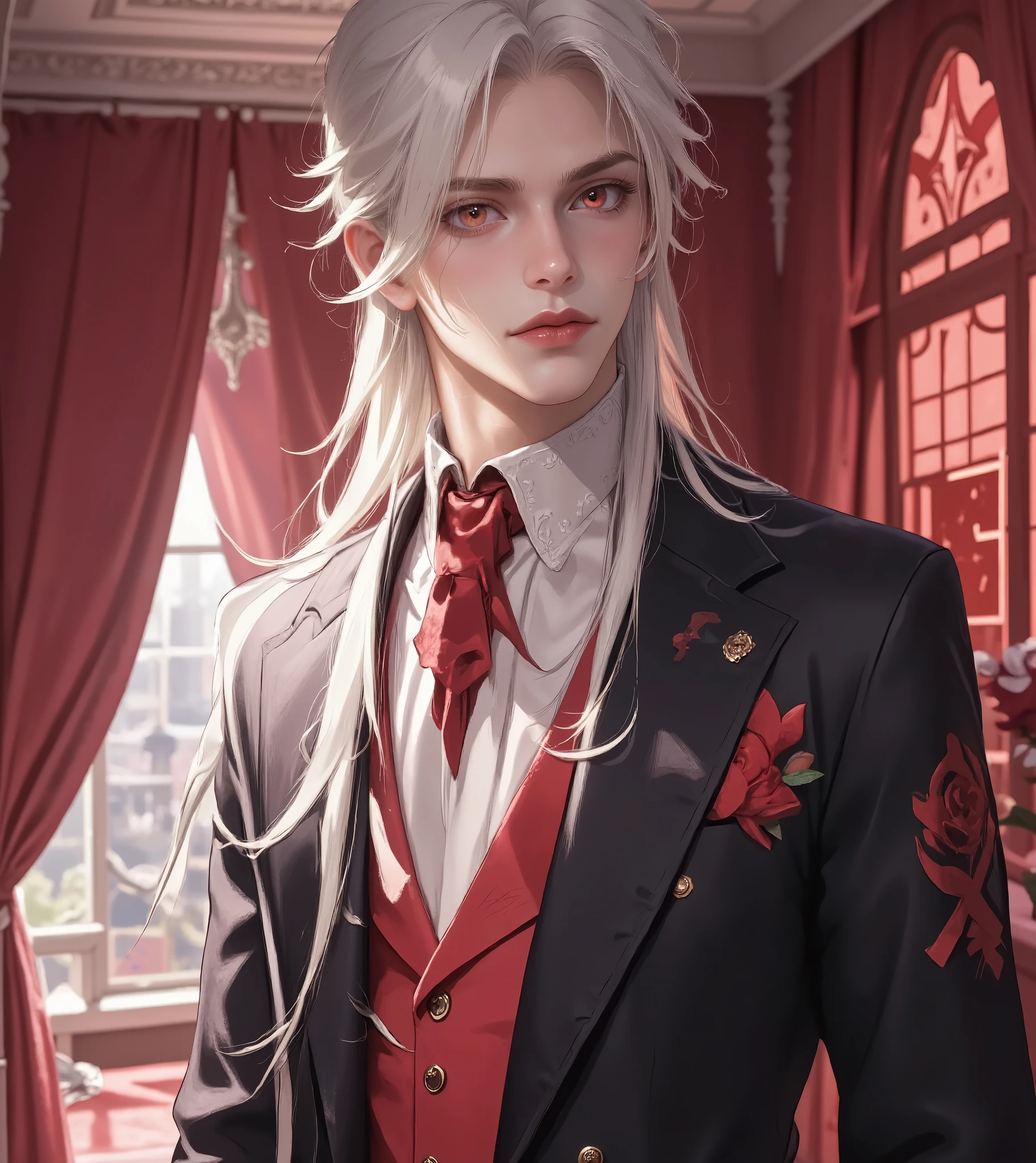 (A Attractive Young Man) (A Attrative French Young Man, realistic photo Retro) (realistic photo 2000) 1boy,male,tall,slim face, , muscular, blonde/silver hush very long hair half up and Half down which is tied with a crimson ribbon, fox eyes,scarlet eyes, . black tailcoat jacket, red waistcoat; on the breast pocket is a Scarlet Fox badge, and affixed to his collar is a rose.white blouse, gray pants.,90s, anime, 2000s, artstyle, male, men, guys, man, guy dystrophy, anorexia, thin body. Red Room, Red bed.