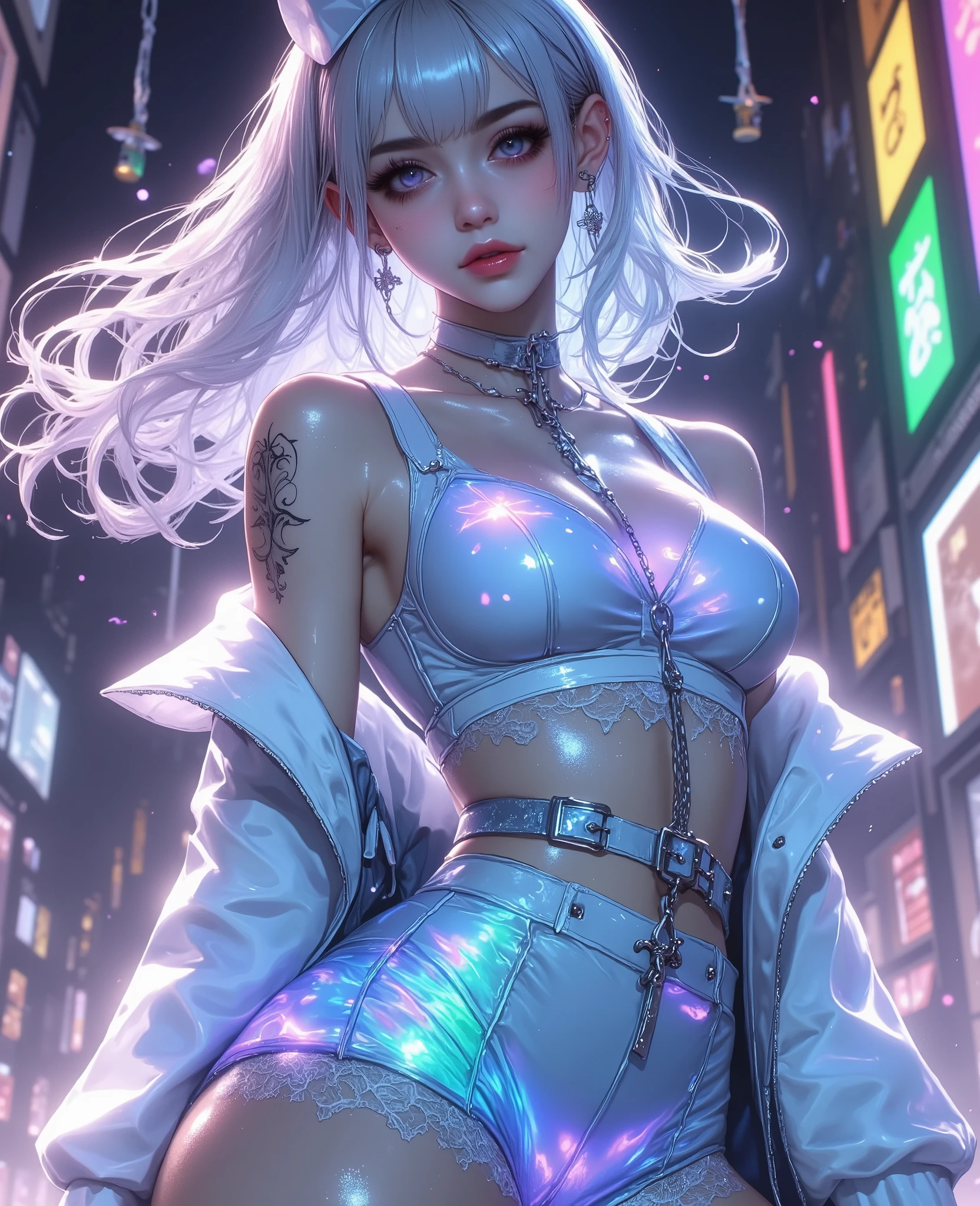 Masterpiece artwork, best qualityer, 1girl, ives , Mecha, beautiful lighting, (Neon light: 1.2), (natta: 1.5), "Masterpiece artwork, best qualityer, 1 garota, full - length portrait, sultry posing, blue colored eyes, multicolored hair+Plata:1.3+rot:1.2+purple+yellow:1.3+Unripe:1.3, sculpted legs and tempting curves, bountiful breasts, beautiful face, many drops of water, nube, Twilight, open plan, water colour, Neon light:1.2, natta:1.5, Mecha, beautiful lighting, bright neon light: 1.2, unforgettable mysterious night: 1.5"