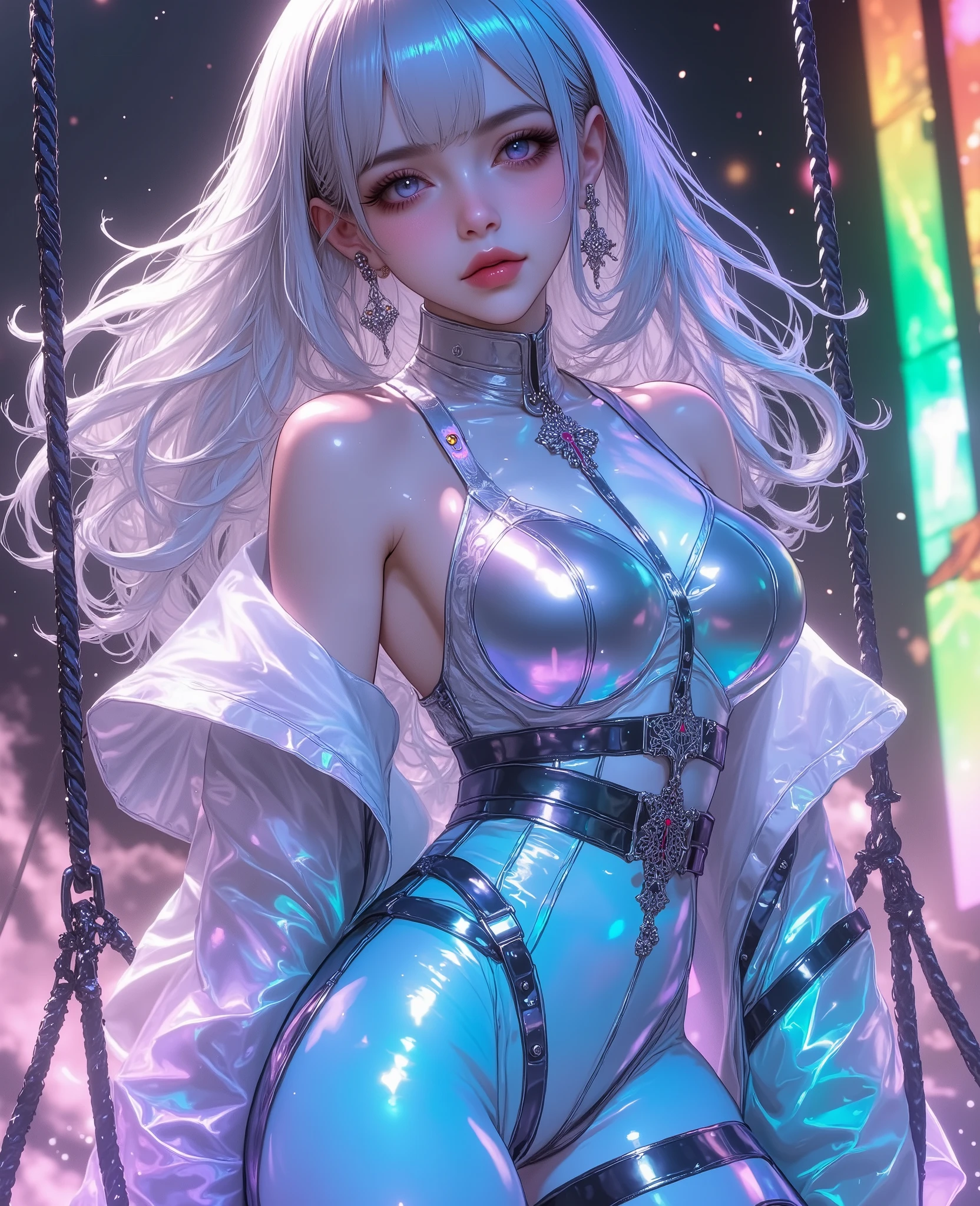 Girl lying in sapphire ore,The color of long hair changes from cyan to pale pink from root to end, Simple white dress，Clothes cover the chest with silver over-the-knee boots, Black colored eyes